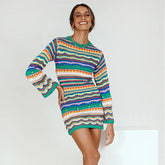 Stripe Knitted Long Sleeves Round Neck Mini Dress