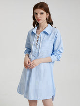 Stripe Print Lace Up Lapel Pocket Slit Casual Shirt Dress
