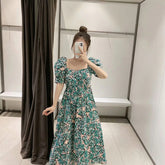 Stylish Floral Print Puff Short Sleeve Long Dress
