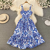 Summer Dress Spaghetti Strap Dresses Floral Print Folds Sleeveless
