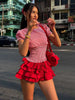 Sweet 2-Piece Set Plaid Puff Sleeve O-Neck Crop Tops Multi-Layered Bandage Puffy Skirt Streetwear Matching Suit