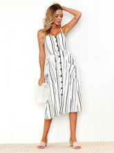 Sweetheart Neck Buttons Up Striped Spaghetti Strap Sleeveless A Line Midi Dresses