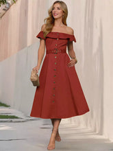 Casual Short Sleeve Open Shoulder Ruffles Off-Shoulder Belted Midi Dress