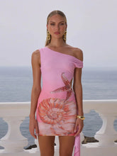 Trend Print Tassel Hollow Biased Collar Sheath Vacation Party Mini Bodycon Dress
