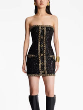 Trendy Gold Chains Sequined Designer Strapless Sheath Tube Dress