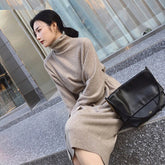 Turtleneck Full Sleeve Sashes Knitted Sweater Dress