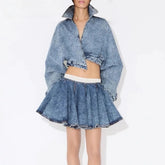 Two Piece Sets Lapel Long Sleeves Top High Waist Spliced Folds Skirts Set