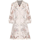 V-Neck Lantern Sleeve Applique Embroidery Dress