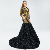 V Neck Long Sleeves Black Girl 3D Lace Evening Dress