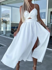 V-Neck Pleated Rose Medium Beach Dress
