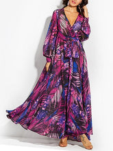 V-neck Green Leaves Printing Dresses