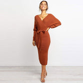 V-neck Lace-up Knitted Dress