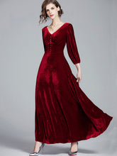 Velvet V-Neck Long Sleeve Buttons Slim Fit Maxi Party Dress