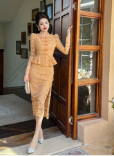 Vintage Lace Elegant Sweet Chic Sheer Slim Long Robe Dresses