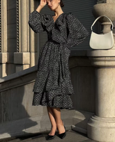 Vintage Loose Print V-Neck Long Sleeve Classic Ruffle Midi Dresses