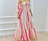 Vintage Off Shoulder Stripped Lantern Sleeves Folds Maxi Dress