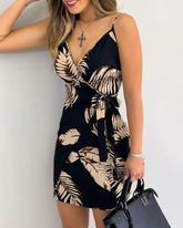 Vintage Tropical Print V-Neck Wrap Casual Sleeveless Holiday Mini Dress