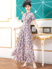 Vintage Floral Print Short Sleeve Lace Hollow Out Slim Maxi Dress
