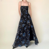 Vintage Floral Printed Split Elegant Backless Bandage Beach Long Dress Boho Vacation Dress