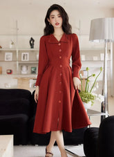 Vintage French Style Bandage Turn Down Collar Midi Dress