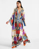 Vintage Print Stand Collar Lace-Up Irregular Sleeves Loose Maxi Dress