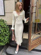 Vintage Single Breasted Ruffled Knitted Slim Midi Dress
