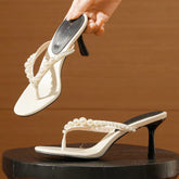 White Pearl Decorated Flip Flops Comfortable Stiletto Heel