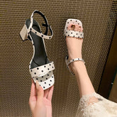 Womens Polka Dot Square Toe Block Heel
