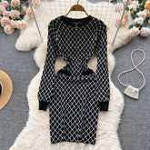 Zipper O Neck Long Sleeve Elastic Sweater Dress