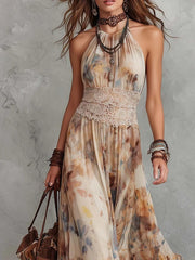 Floral print halter-neck fitted dress