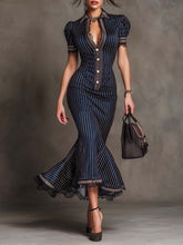 A slimming POLO-neck button-down short-sleeved dress