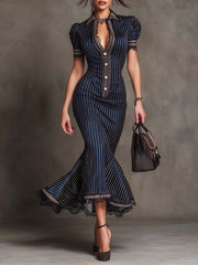 A slimming POLO-neck button-down short-sleeved dress