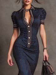 A slimming POLO-neck button-down short-sleeved dress