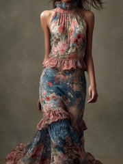 High-waisted vintage print dress