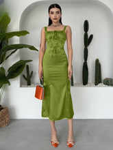 Elegant Sleeveless Classic Lace-Up Solid Satin Midi Dress