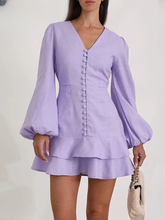 Casual Slim Cotton V-Neck Long Sleeve Classic Pleated Mini Dresses