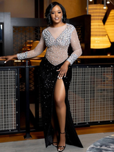 Rhinestone Pearl Mesh O Neck Long Sleeve See Though Patchwork Bodycon Evening Party Long Maxi Dresses