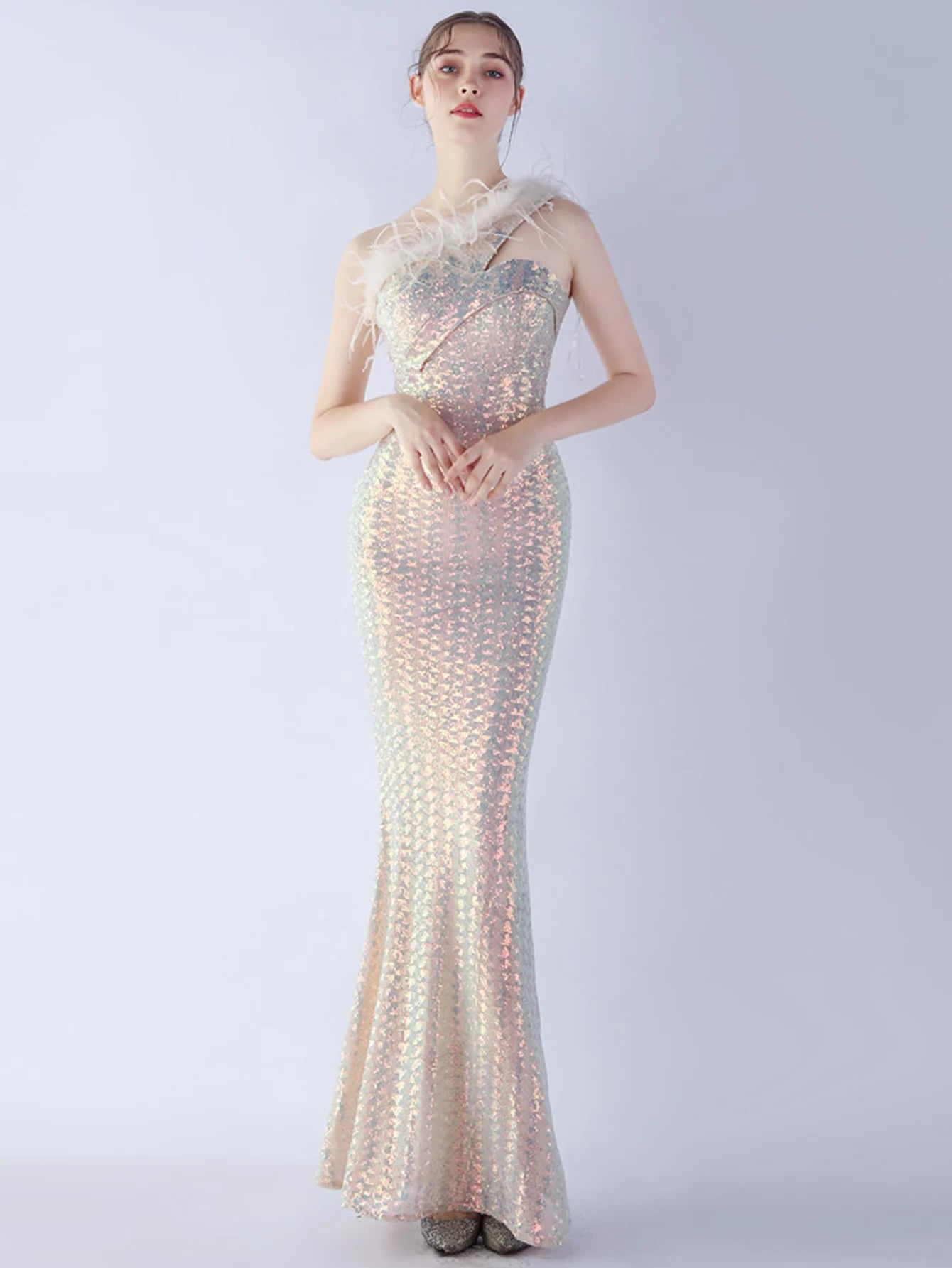 Elegant Luxury One-Shoulder Backless Sequin Maxi Party Prom Long Dress