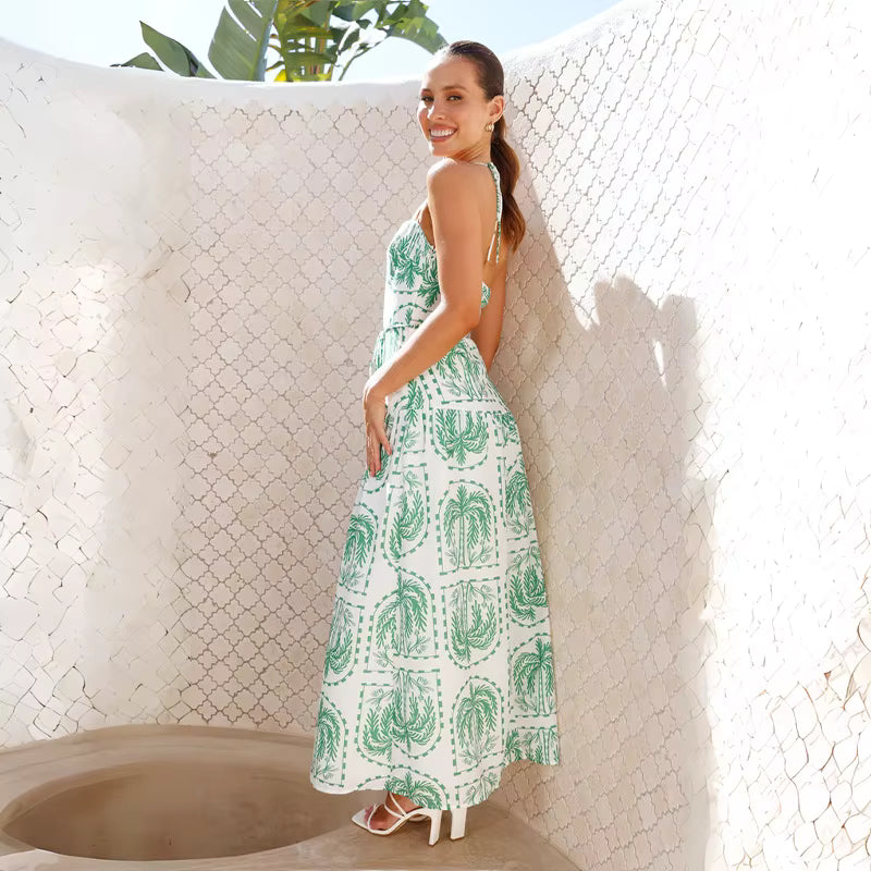 Elegant Pullover Beach Style With Strap Printing Ankle Length Maxi Dress