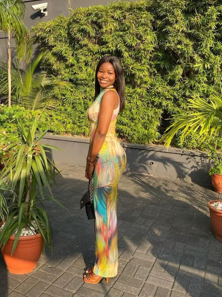 Elegant Colorful Sleeveless Patchwork Skinny Print Bodycon Maxi Dress