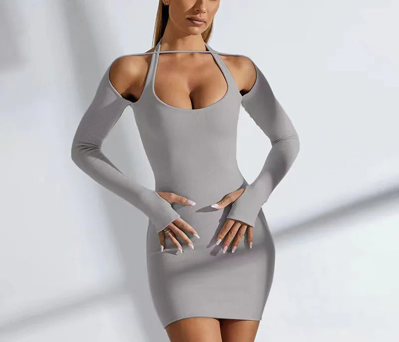 Elegant Solid Color Long Sleeved Hanging Neck Bag Hip Slim Fit Mini Dress