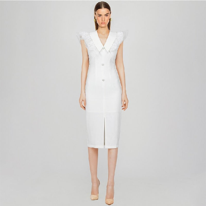 Patchwork Lace Pearl Button Bodycon Evening Party Dress