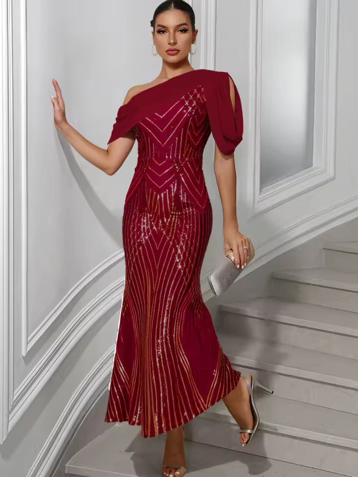 Elegant Chiffon Backless Ankle-Length Sequin Maxi Dress