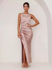 Elegant Open Back Open Shoulder Slit Sleeveless Maxi Dress