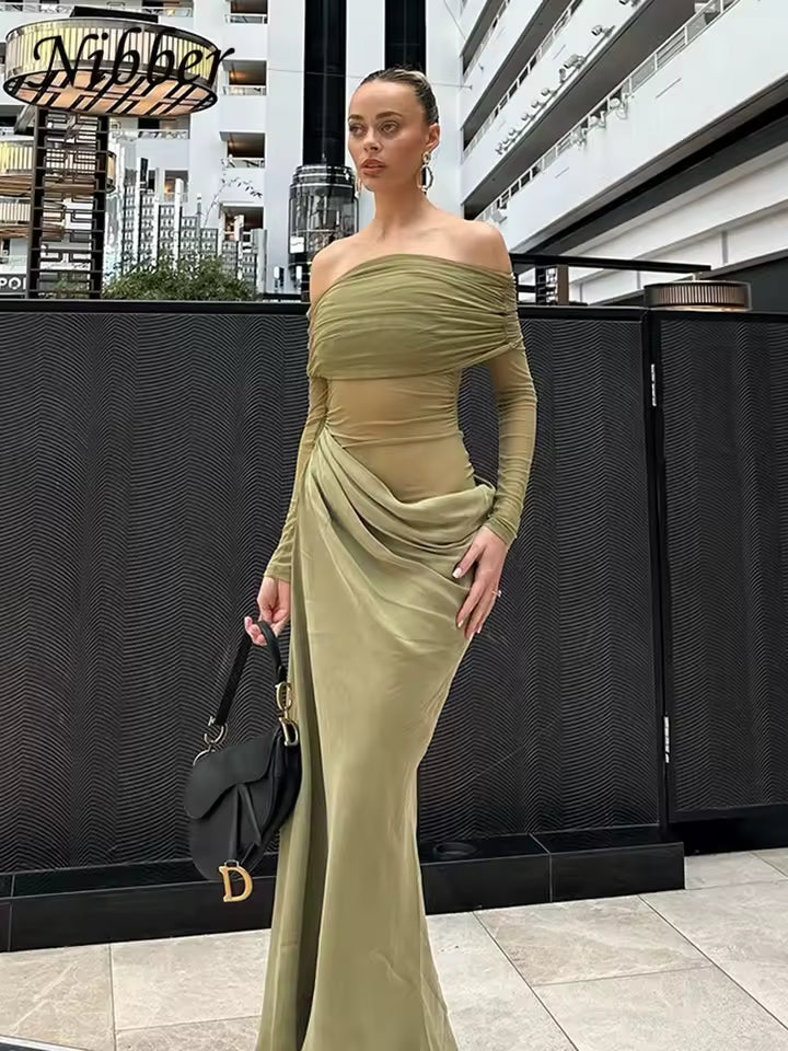 Elegant Slash Neck Ruched Strapless Patchwork Fit Chic Birthday Party Maxi Dress
