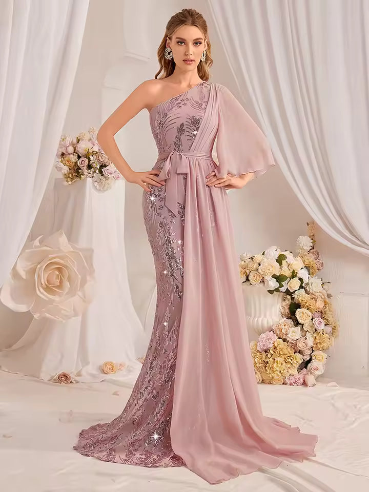 Luxury One Shoulder Sparkle Patchwork Formal Long Maxi Dresses