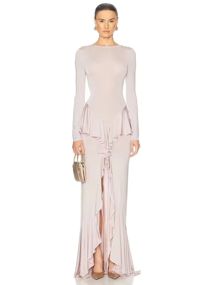 Elegant Full Sleeve Backless Fold High Waist Split Long Maxi Dress