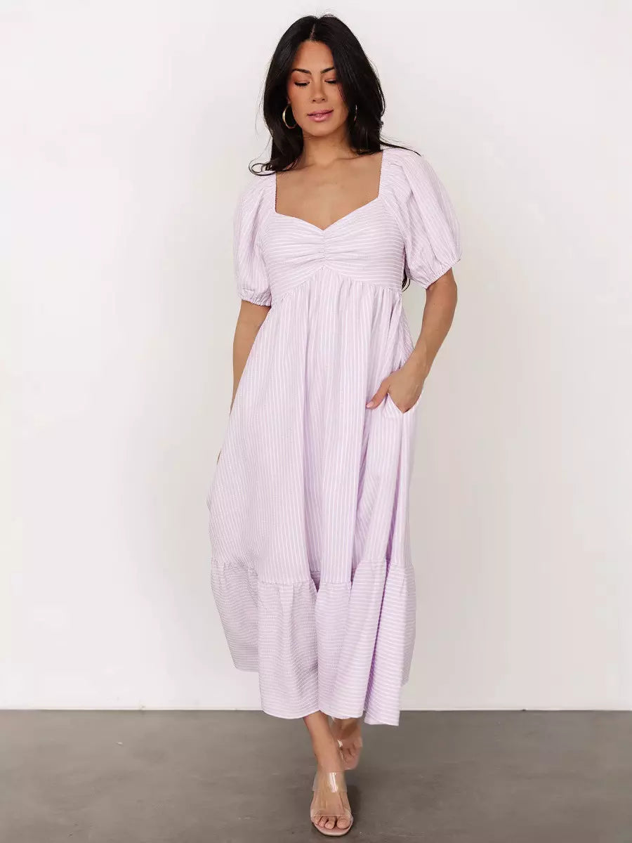 Bohemian Pleated Beach Style Puffed Sleeves Striped Oversized Midi Dress