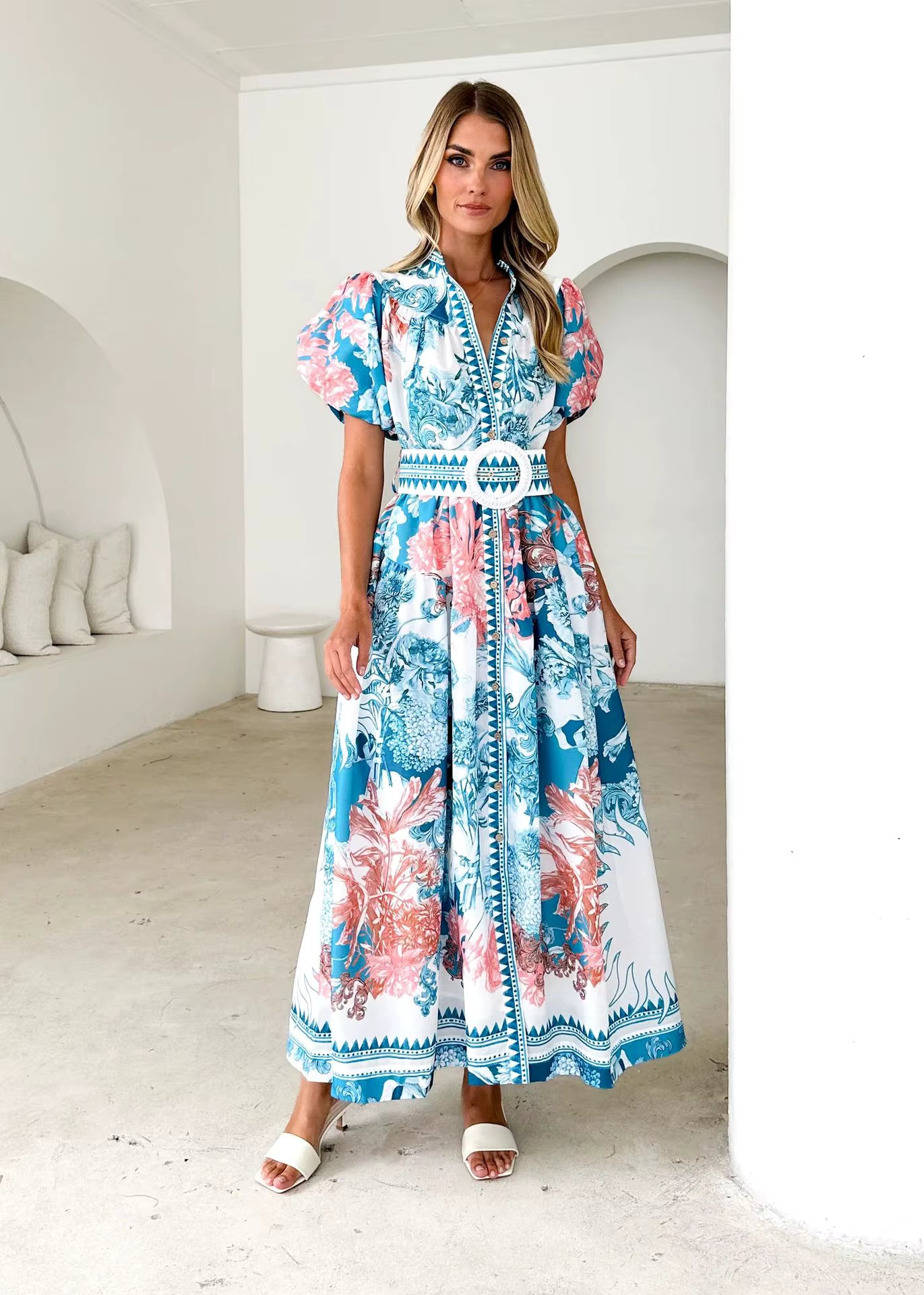 Casual Single Breasted Short Sleeve High Waist Printed Loose Maxi Dress