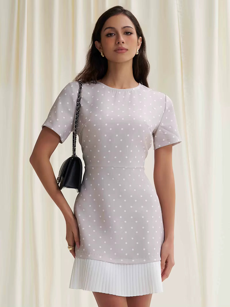 Elegant Retro Short Sleeve Polka Dot Beach Style Polka Dot Mini Dress